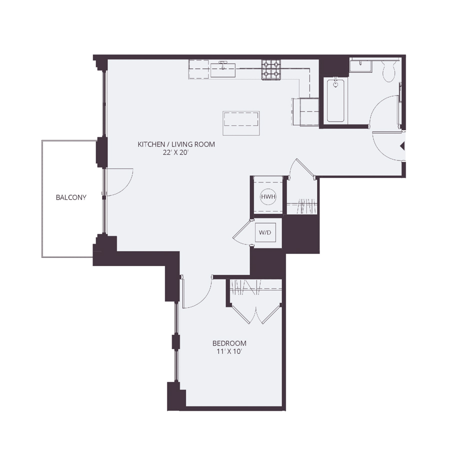 #1036 - 1 bedroom floorplan layout with 1 bathroom and 714 square feet