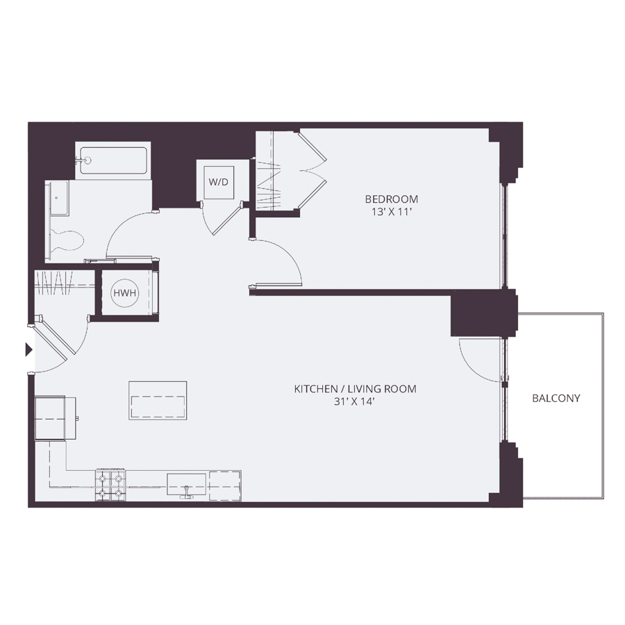 #1043 - 1 bedroom floorplan layout with 1 bathroom and 725 square feet