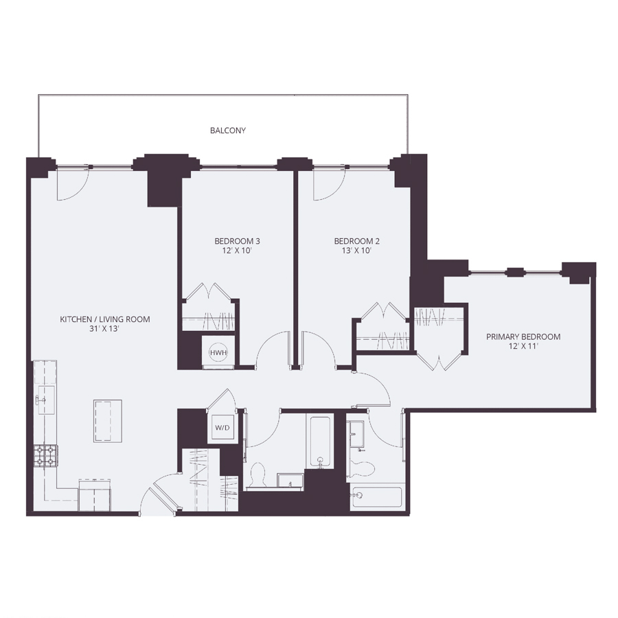 #2007 - 3 bedroom floorplan layout with 2 bathrooms and 1199 square feet