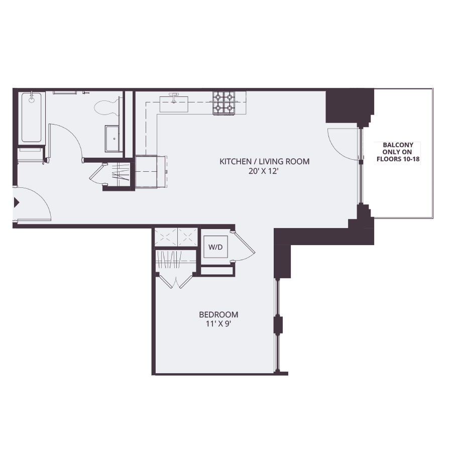 #1704 - 1 bedroom floorplan layout with 1 bathroom and 500 square feet