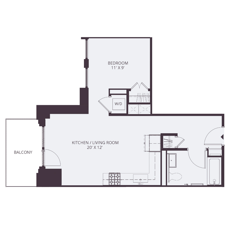 #1434 - 1 bedroom floorplan layout with 1 bathroom and 500 square feet