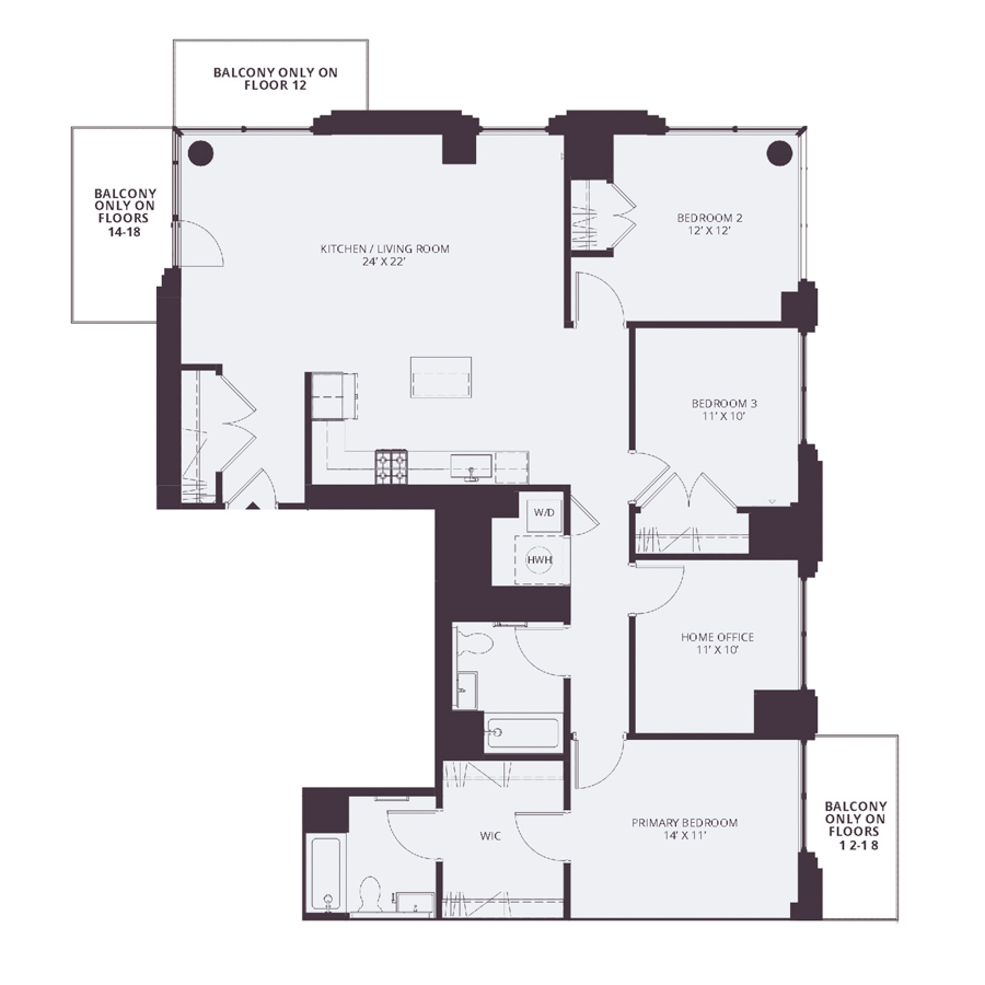 #1441 - 3 bedroom floorplan layout with 2 bathrooms and 1467 square feet