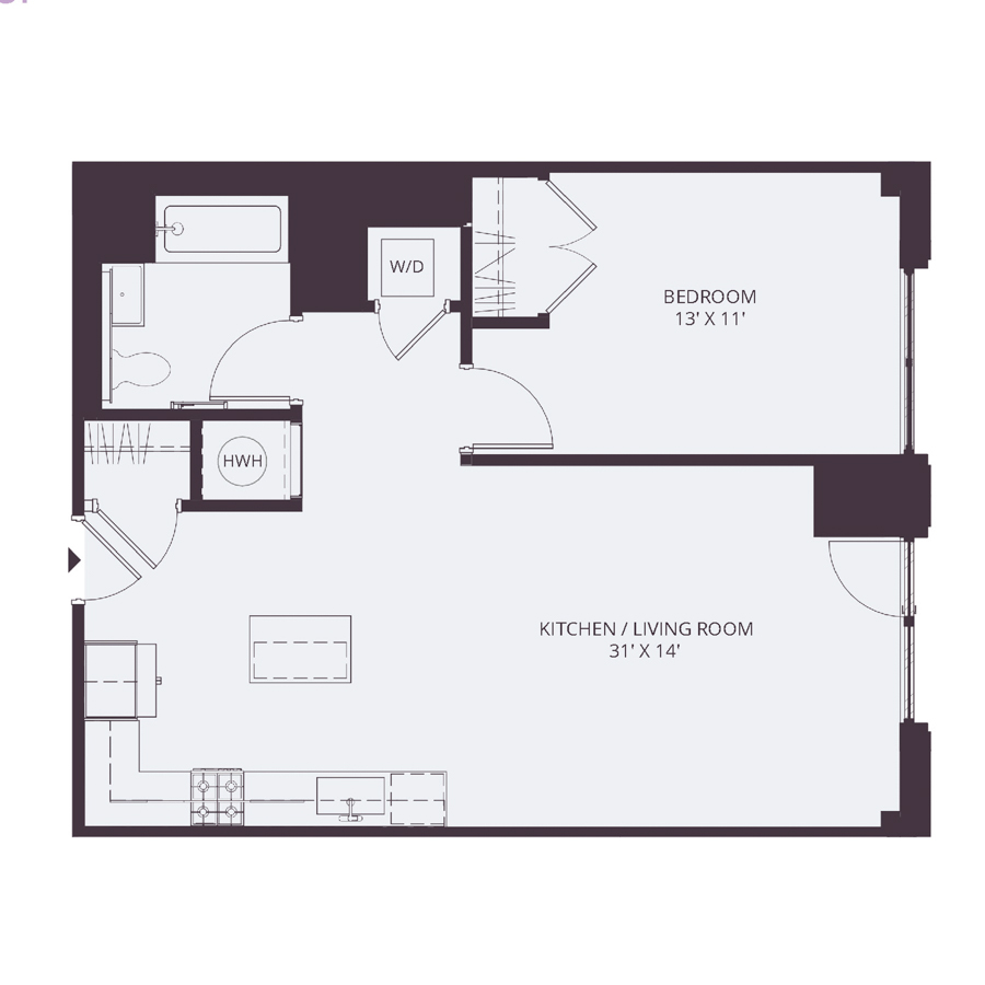 #0902 - 1 bedroom floorplan layout with 1 bathroom and 725 square feet