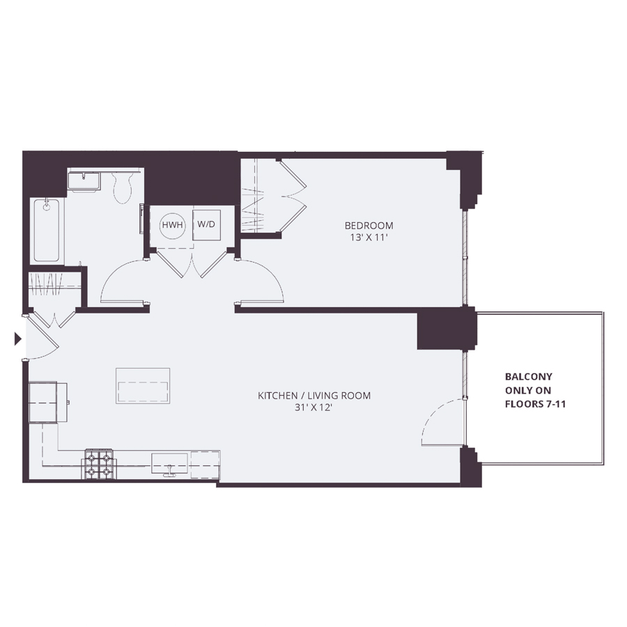 #0941 - 1 bedroom floorplan layout with 1 bathroom and 696 square feet