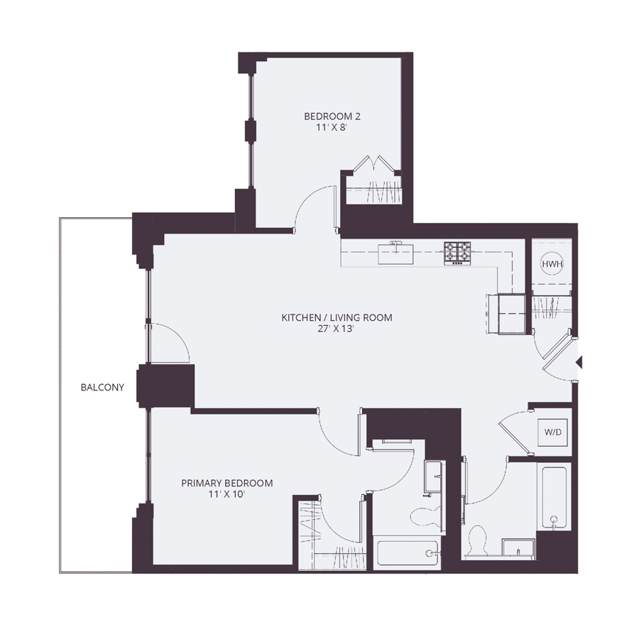 #1934 - 2 bedroom floorplan layout with 2 bathrooms and 856 square feet