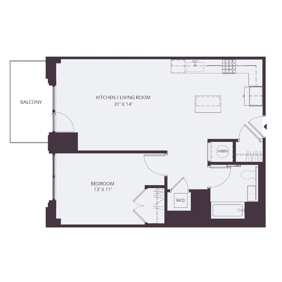 #1142 - 1 bedroom floorplan layout with 1 bathroom and 725 square feet