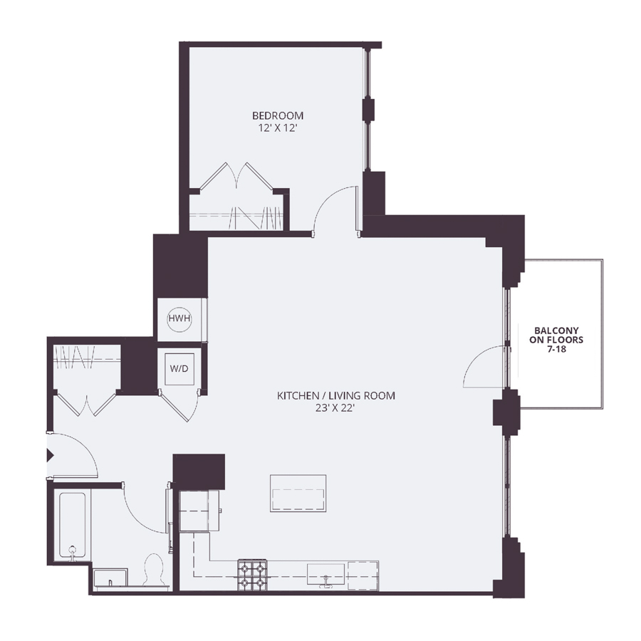 #1733 - 1 bedroom floorplan layout with 1 bathroom and 836 square feet