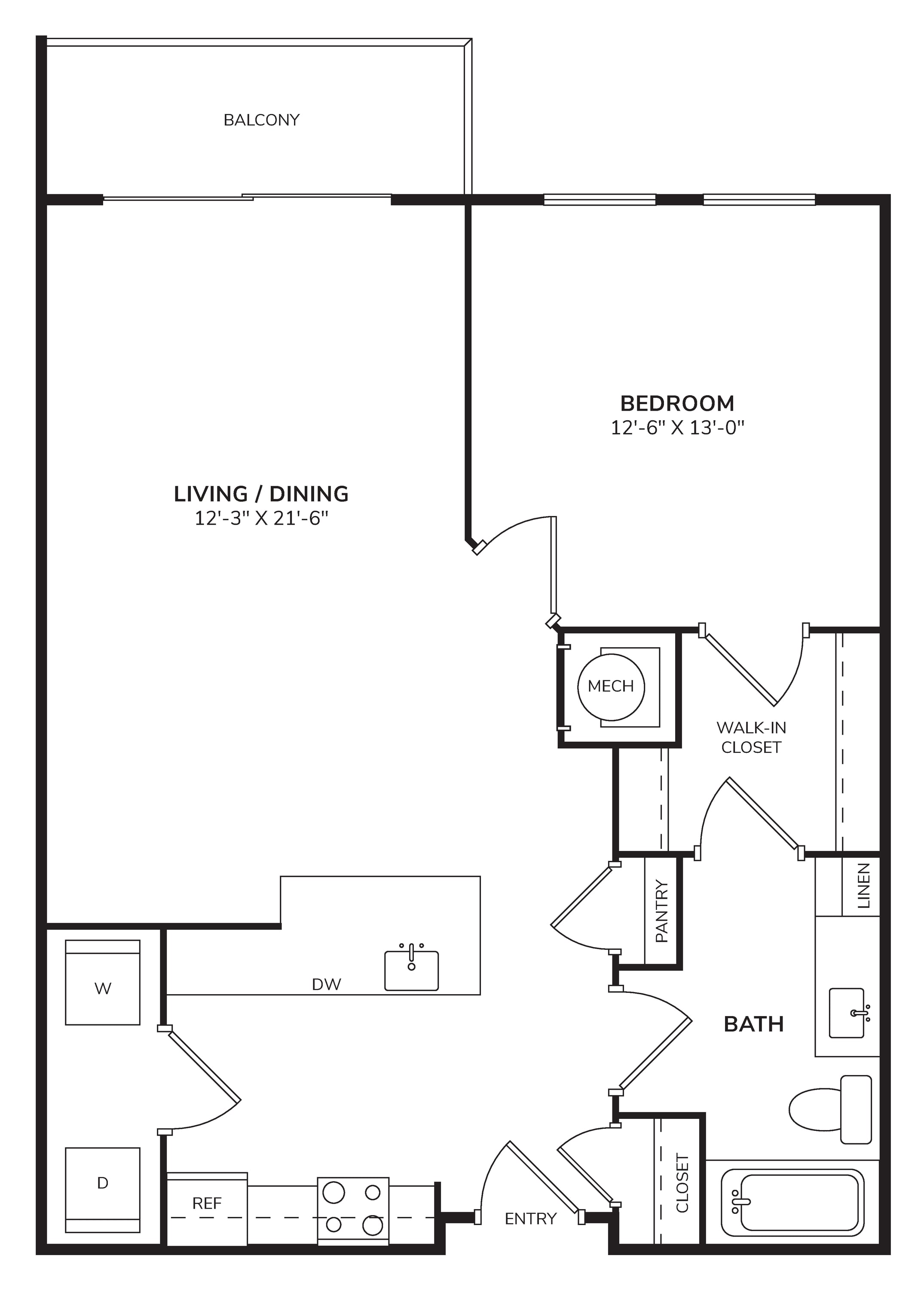 Rendering of the A2 - The Lyric floor plan with 1 bedroom[s] and 1 bathroom[s] at Windsor Encore