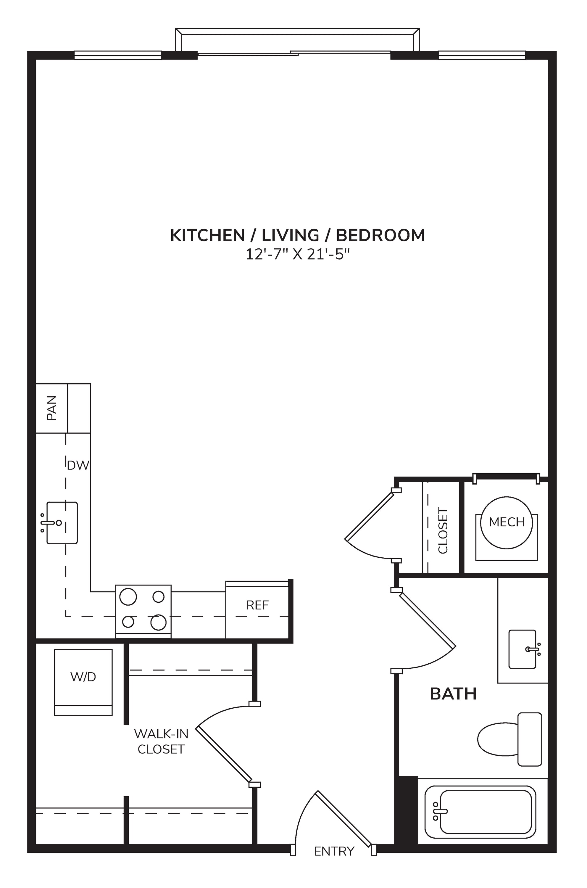 Rendering of the S1 - The Ensemble floor plan with a Studio bedroom and 1 bathroom[s] at Windsor Encore