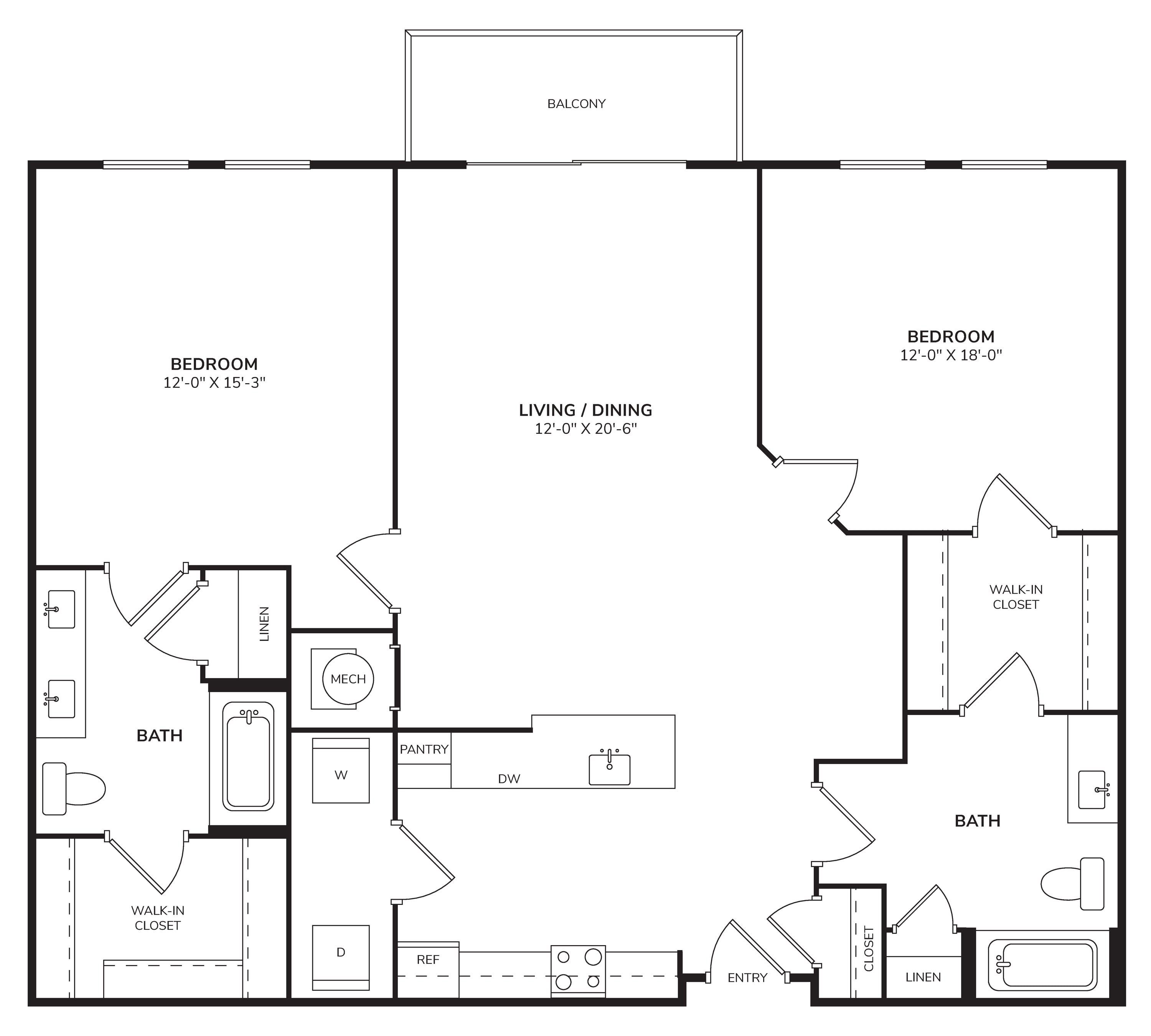 Rendering of the B1 - The Rhapsody floor plan with 2 bedroom[s] and 2 bathroom[s] at Windsor Encore