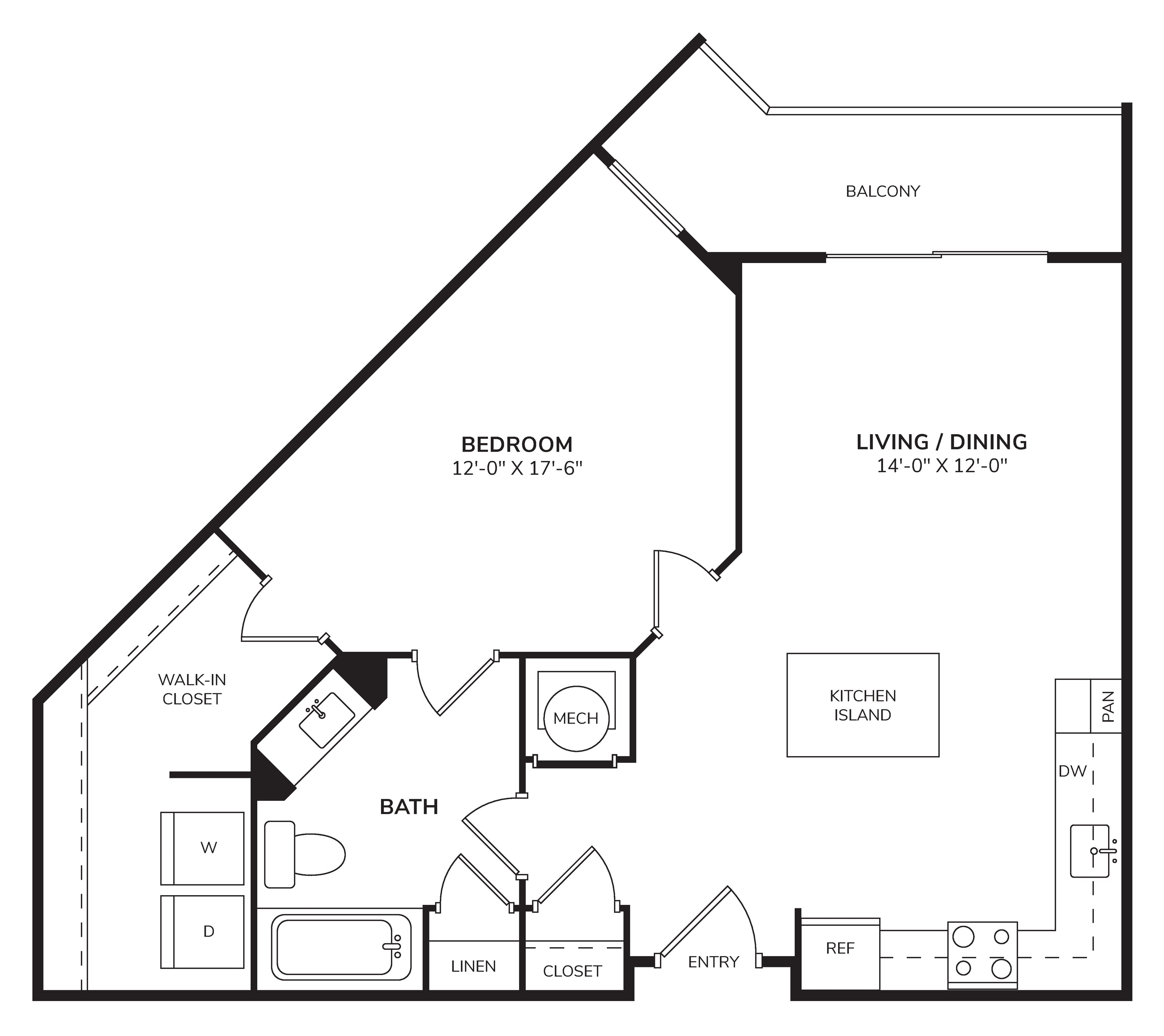 Rendering of the A1 - The Aria floor plan with 1 bedroom[s] and 1 bathroom[s] at Windsor Encore