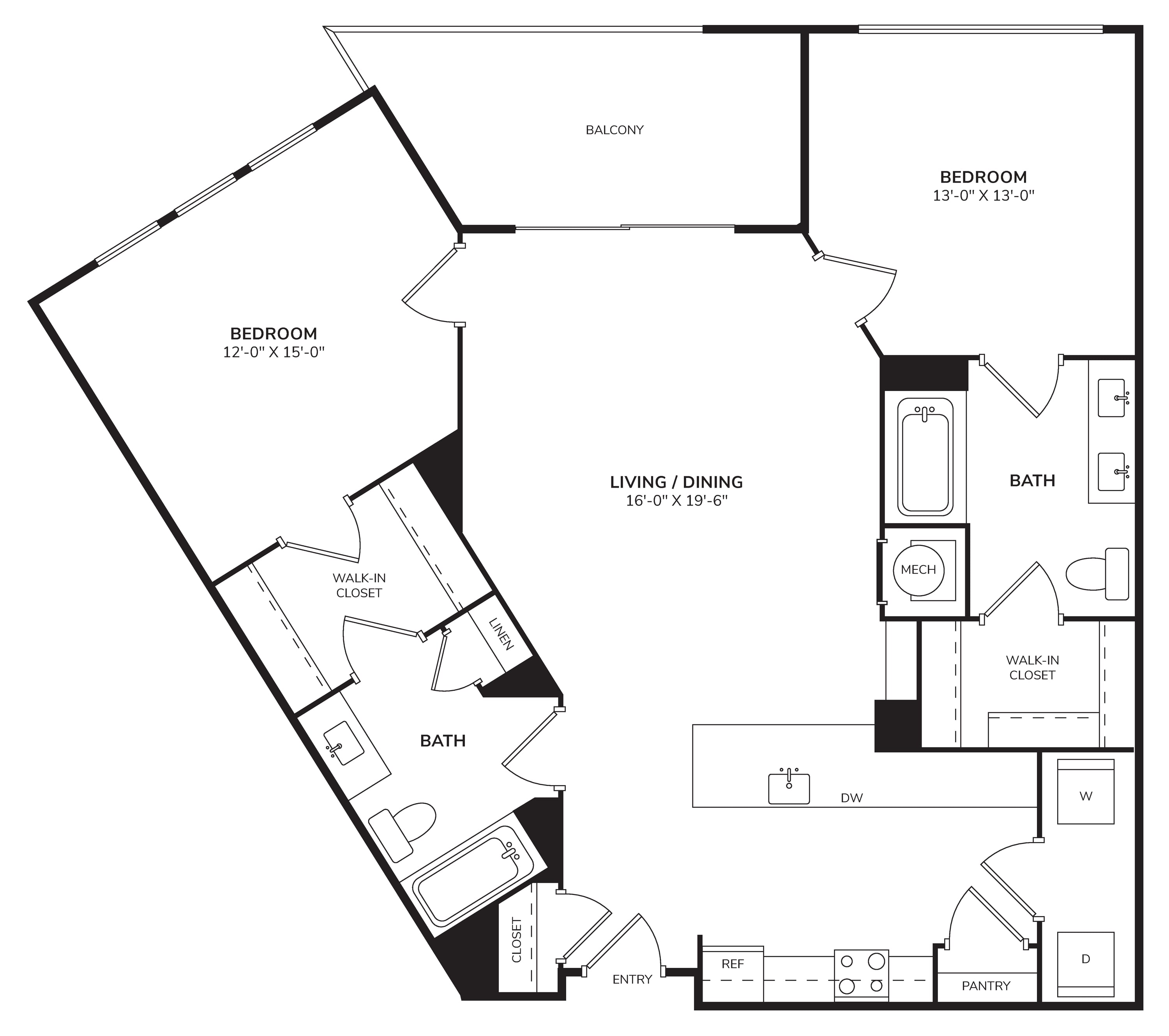 Rendering of the B2 - The Melody floor plan with 2 bedroom[s] and 2 bathroom[s] at Windsor Encore