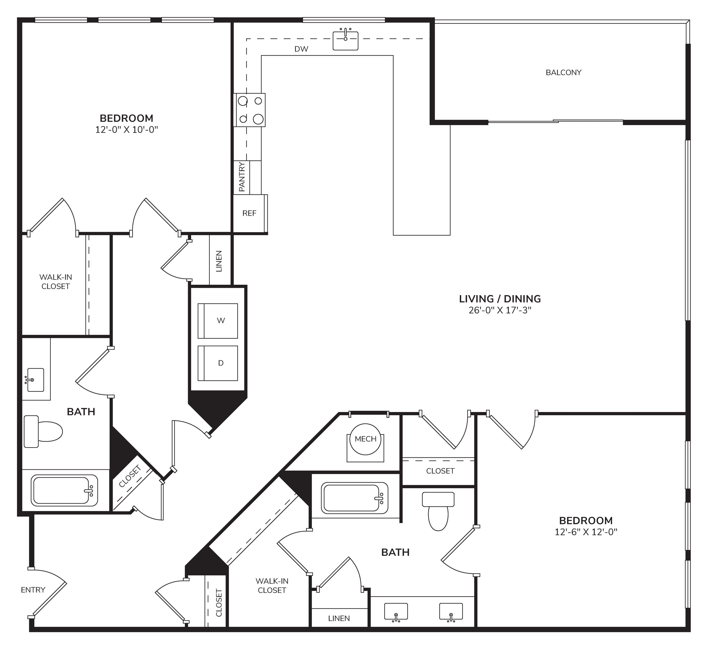 Rendering of the B6 - The Ballad floor plan with 2 bedroom[s] and 2 bathroom[s] at Windsor Encore