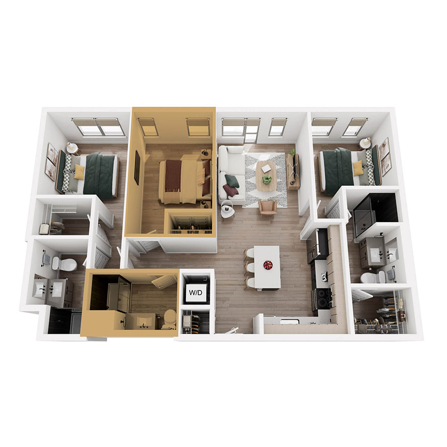 #519B - 3 bedroom floorplan layout with 3 bathrooms and 380 square feet