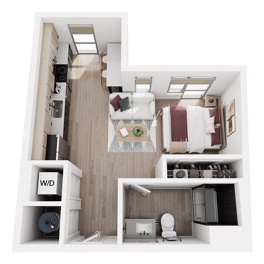#527 - Studio floorplan layout with 1 bathroom and 475 square feet