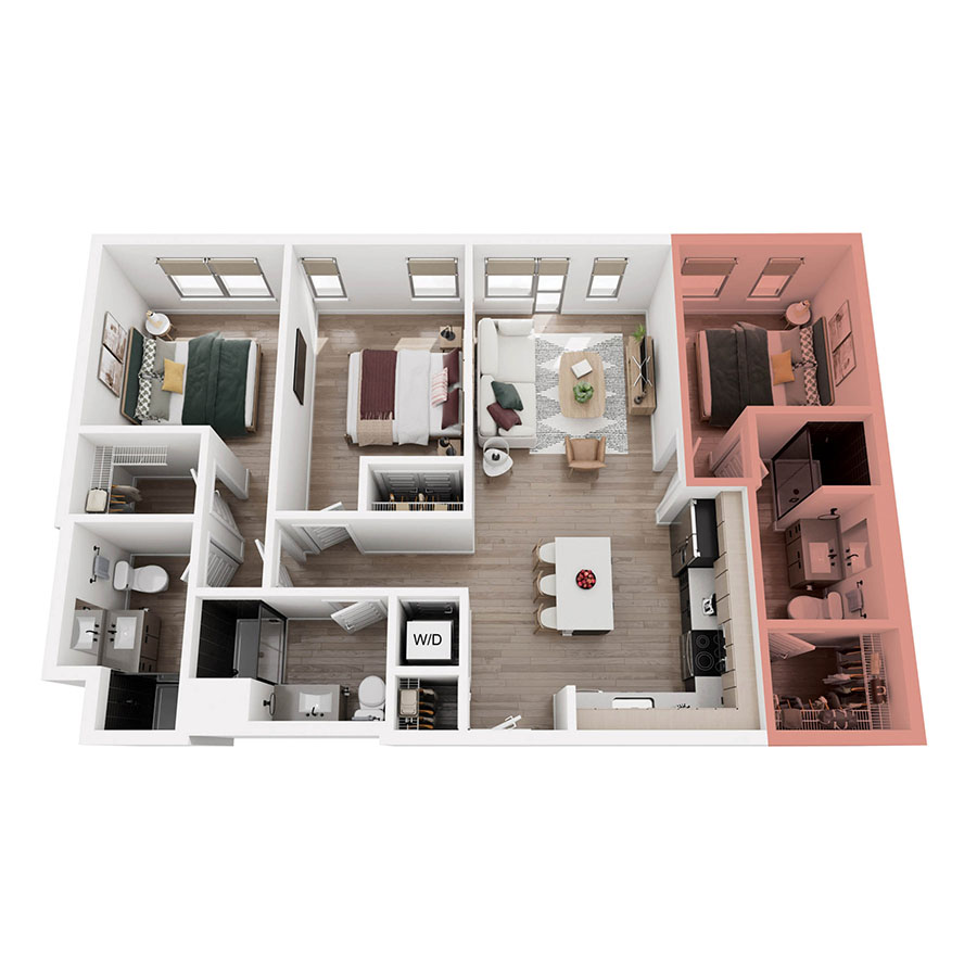 #520C - 3 bedroom floorplan layout with 3 bathrooms and 380 square feet