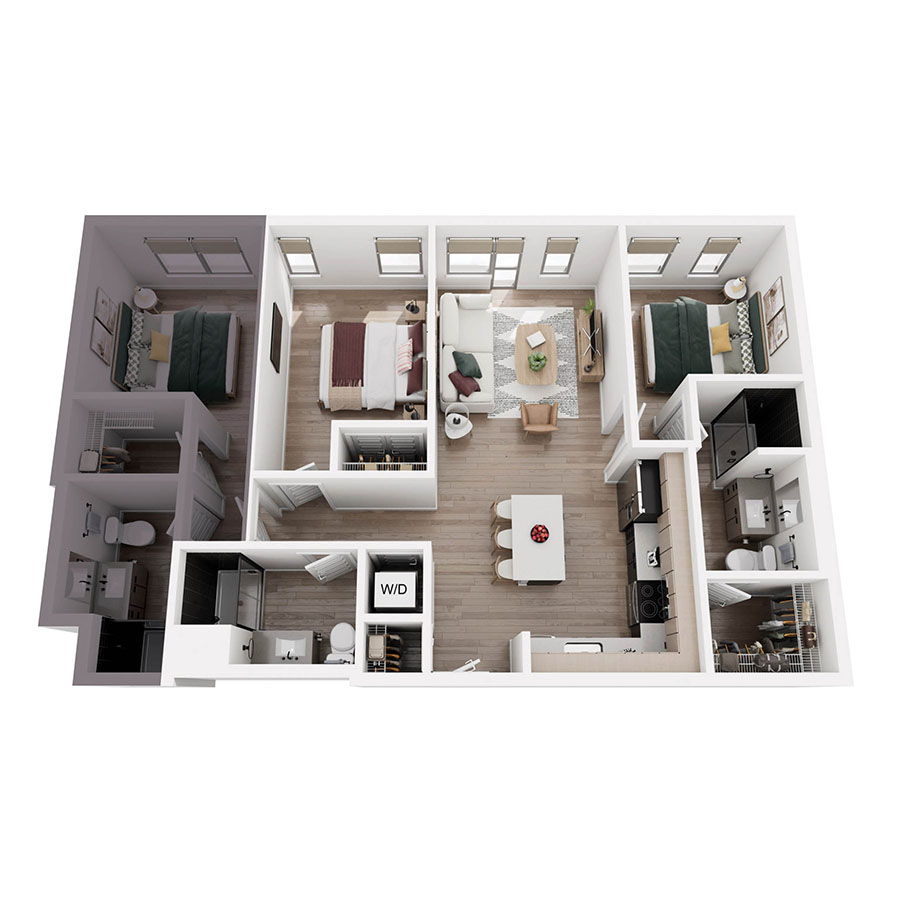#619A - 3 bedroom floorplan layout with 3 bathrooms and 386 square feet