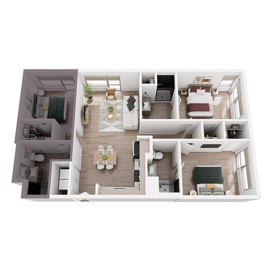 #601A - 3 bedroom floorplan layout with 3 bathrooms and 422 square feet