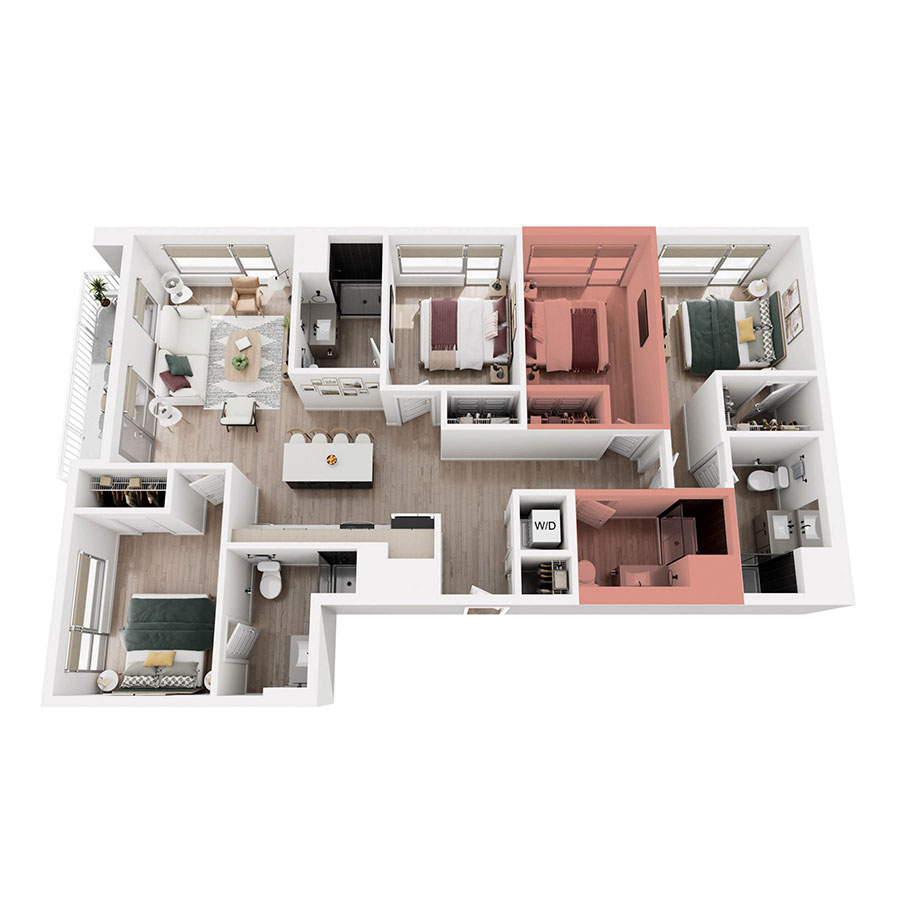 #315C - 4 bedroom floorplan layout with 4 bathrooms and 369 square feet