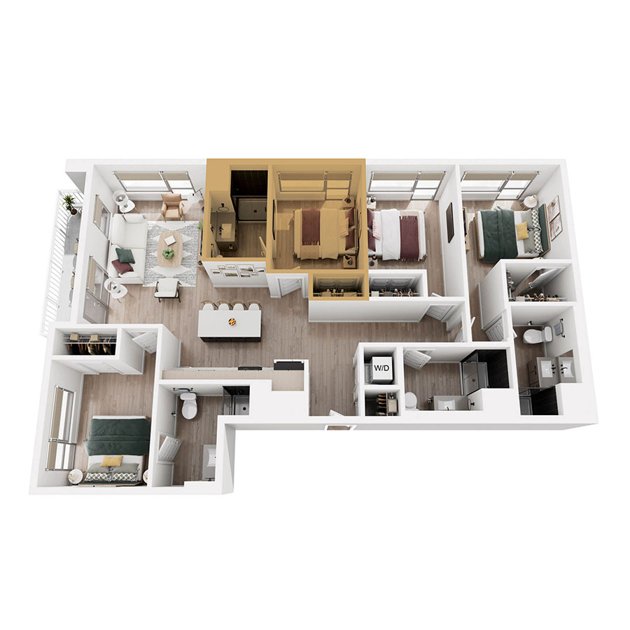#415B - 4 bedroom floorplan layout with 4 bathrooms and 369 square feet