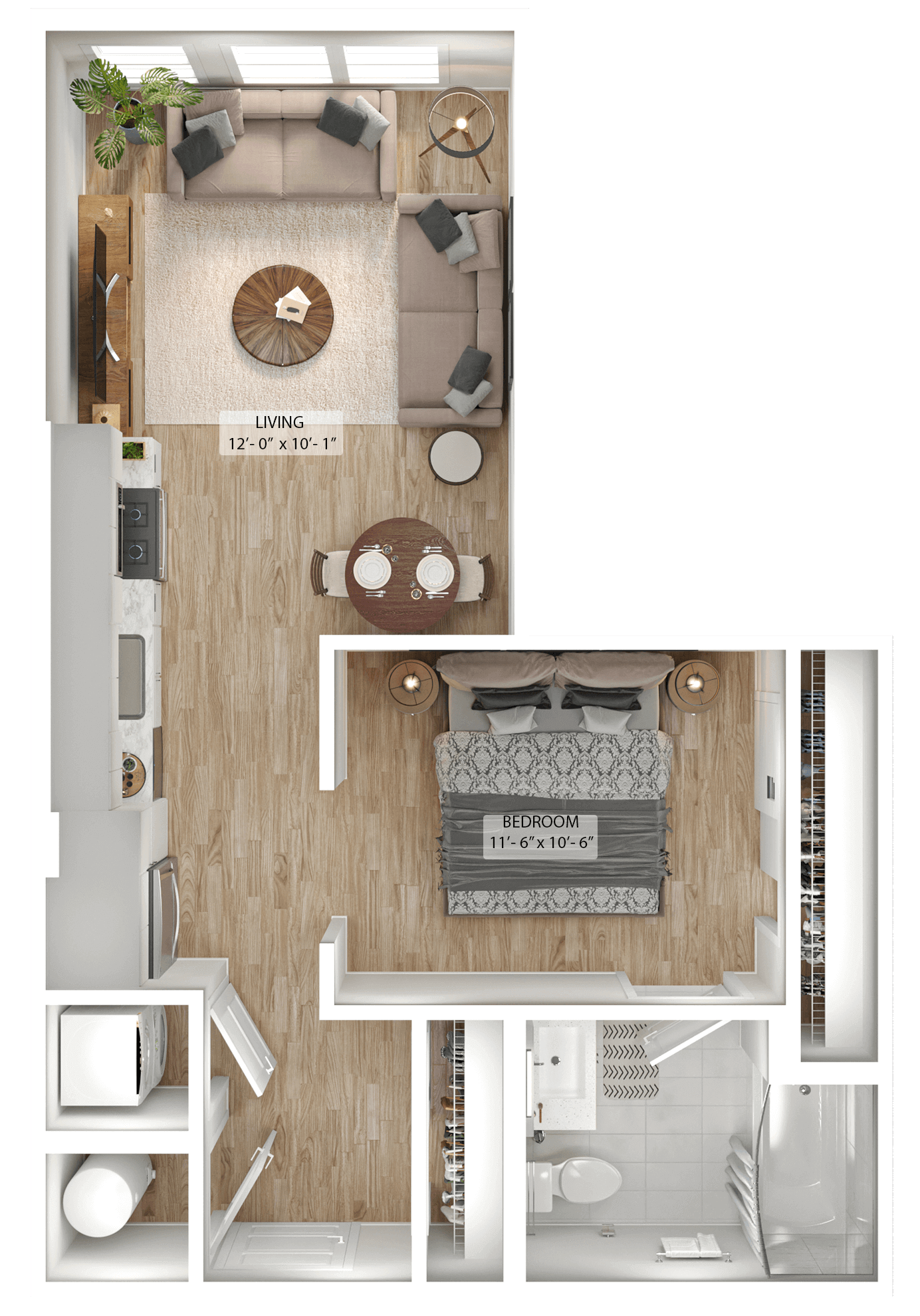 Rendering of the Studio Den-S3 floor plan with a Studio bedroom and 1 bathroom[s] at Julius