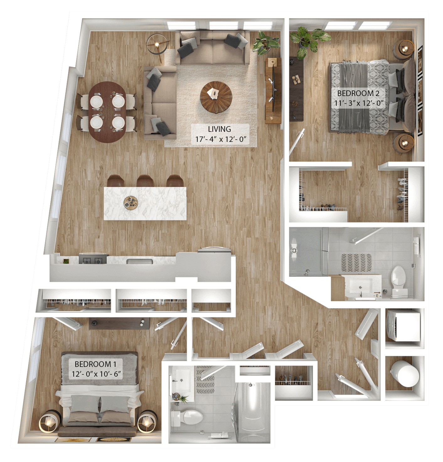 Rendering of the 2 Bed/2 Bath-B7 floor plan with 2 bedroom[s] and 2 bathroom[s] at Julius