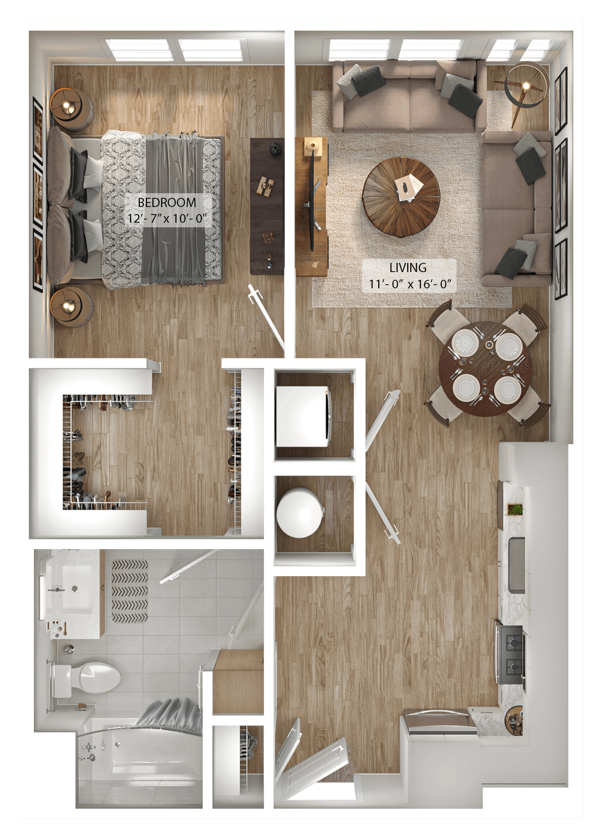 Rendering of the 1 Bed/1 Bath-A6 floor plan with 1 bedroom[s] and 1 bathroom[s] at Julius