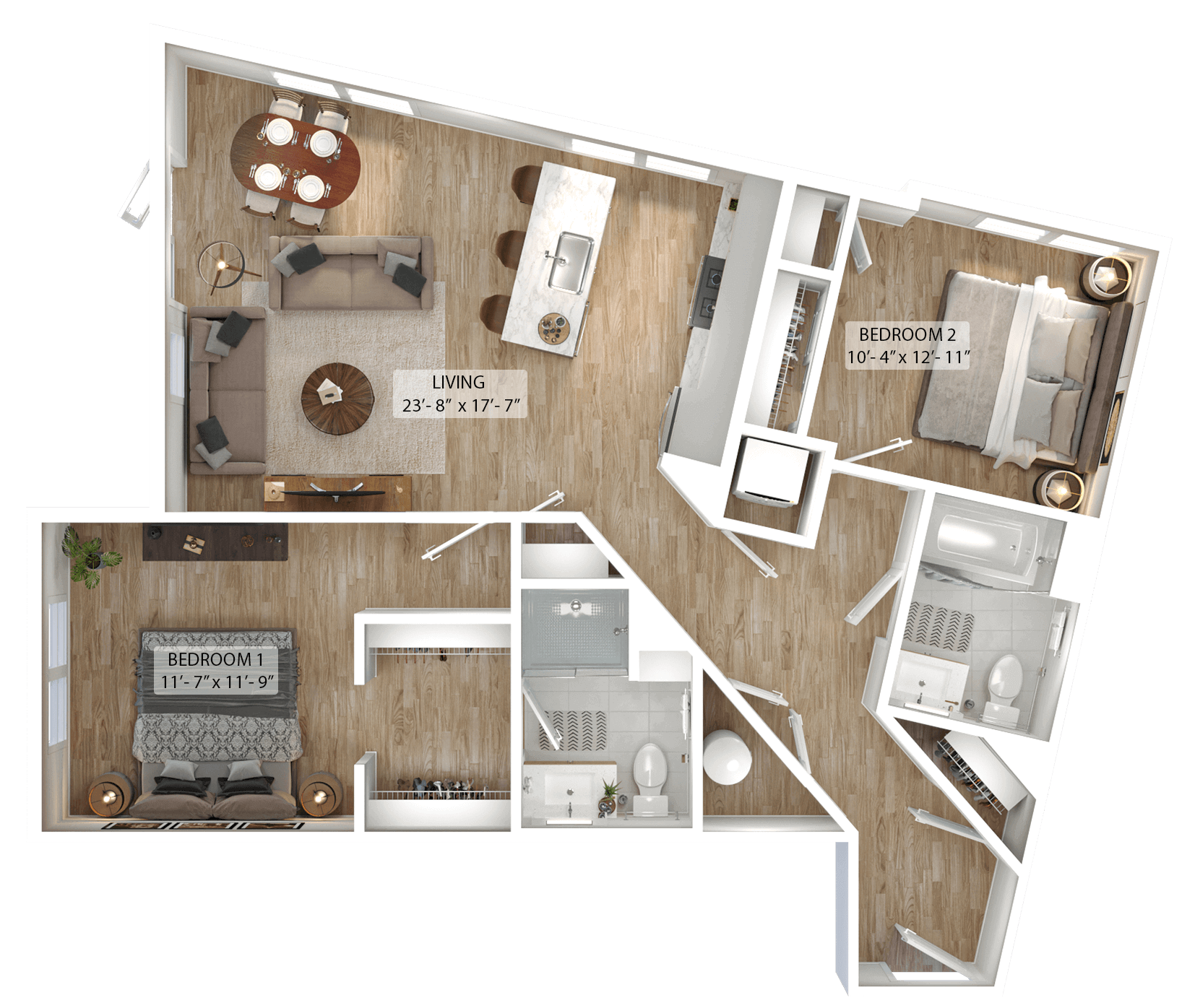 Rendering of the 2 Bed/2 Bath-B3 floor plan with 2 bedroom[s] and 2 bathroom[s] at Julius