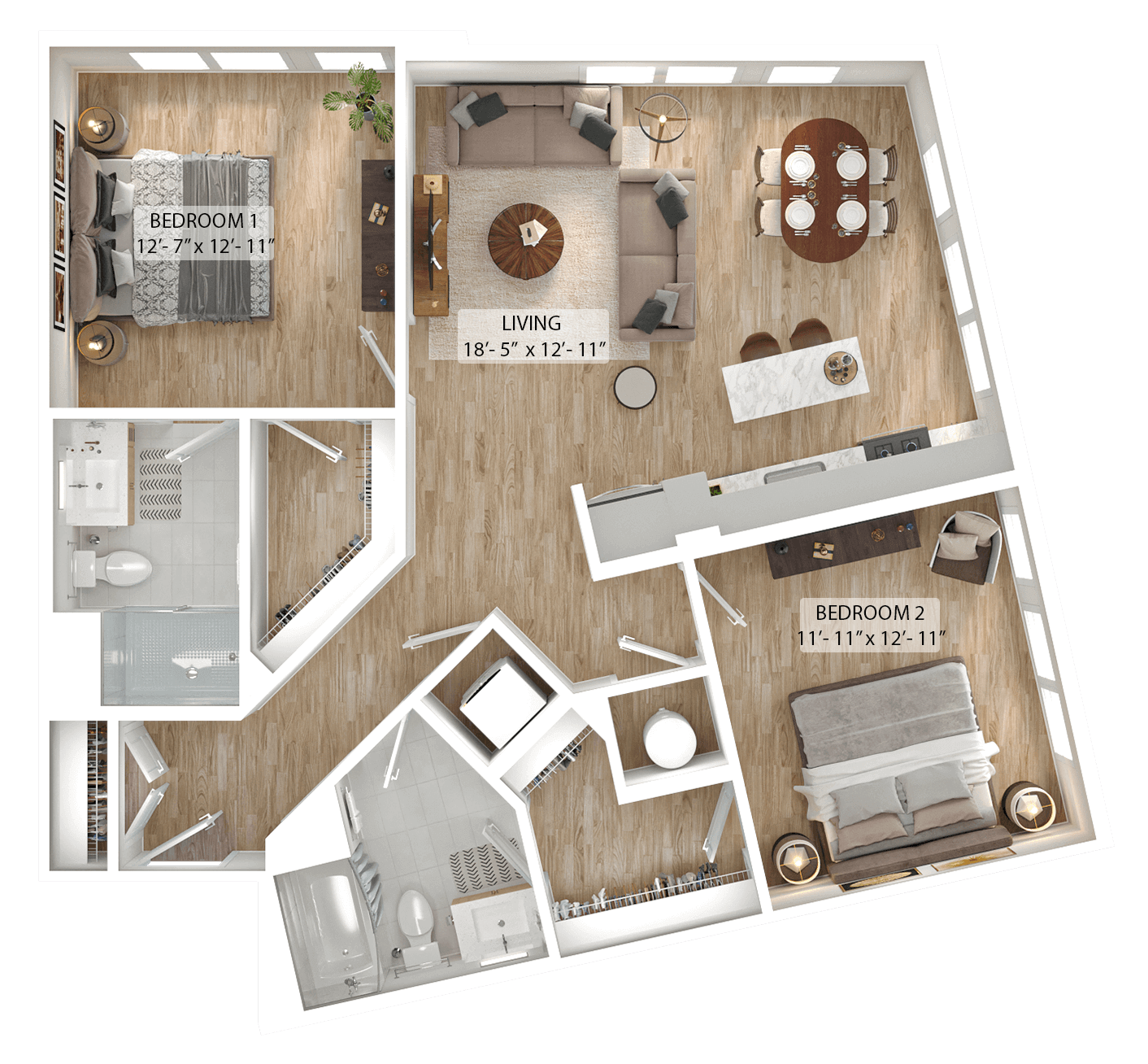Rendering of the 2 Bed/2 Bath-B8 floor plan with 2 bedroom[s] and 2 bathroom[s] at Julius