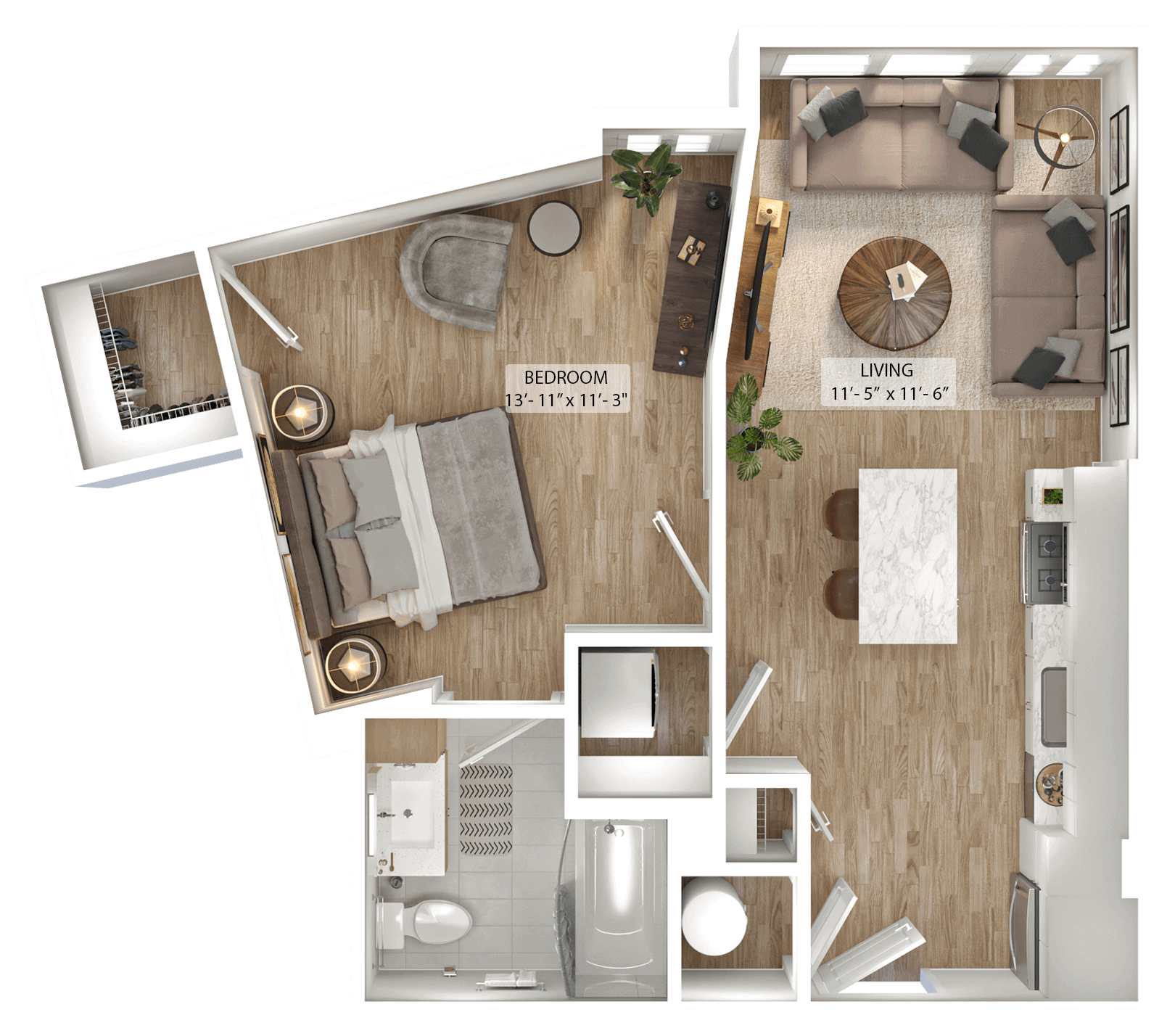 Rendering of the 1 Bed/1 Bath-A3 floor plan with 1 bedroom[s] and 1 bathroom[s] at Julius