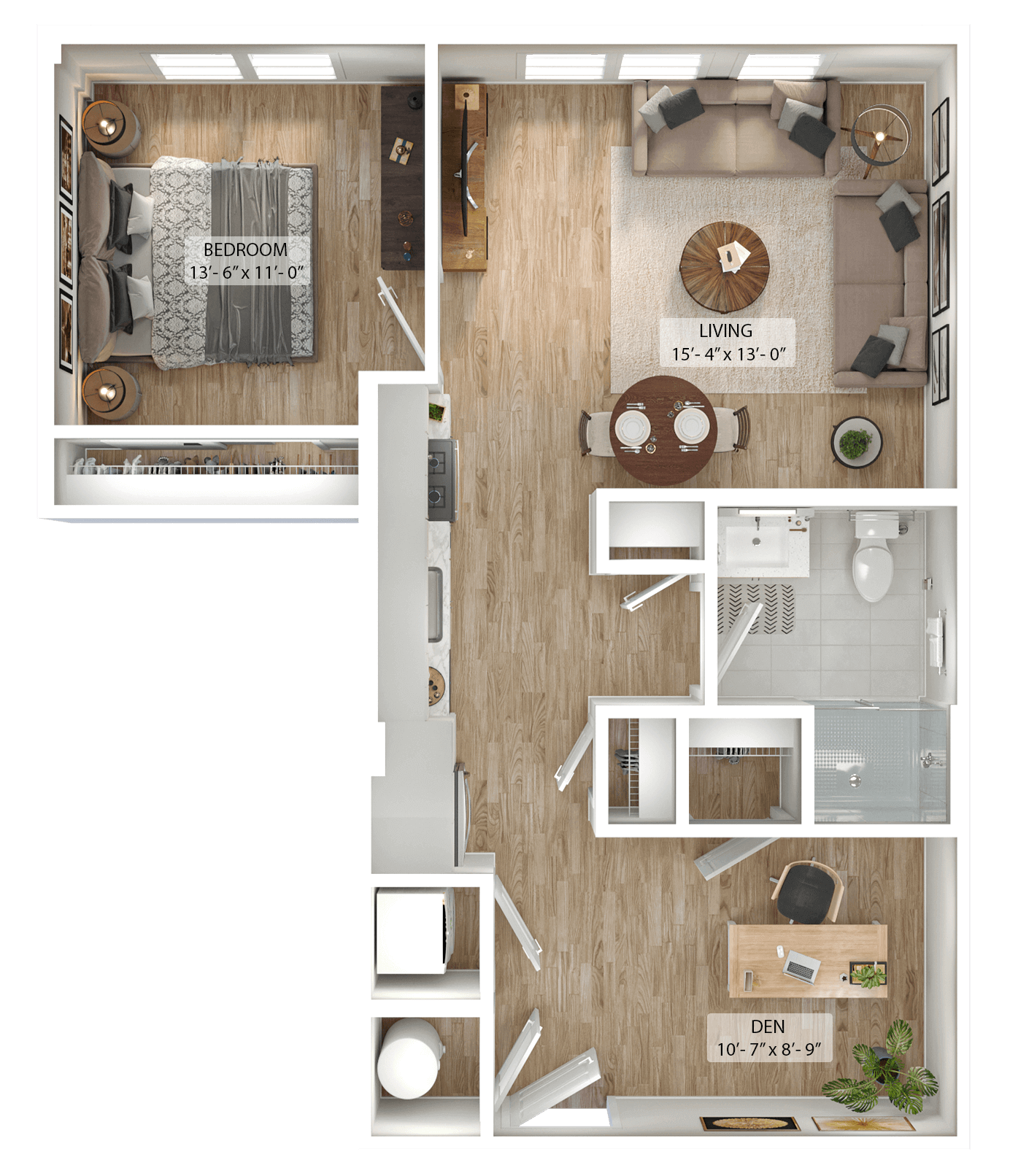 Rendering of the 1 Bed/1 Bath Den-A1D floor plan with 1 bedroom[s] and 1 bathroom[s] at Julius