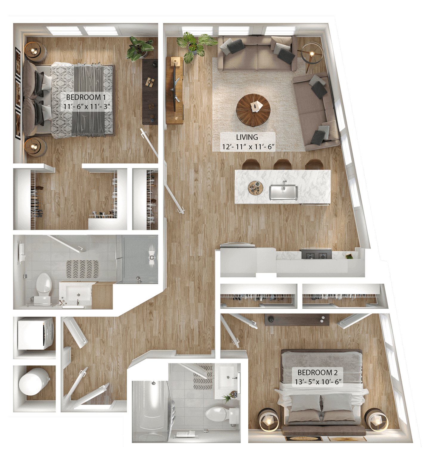 Rendering of the 2 Bed/2 Bath-B1 floor plan with 2 bedroom[s] and 2 bathroom[s] at Julius