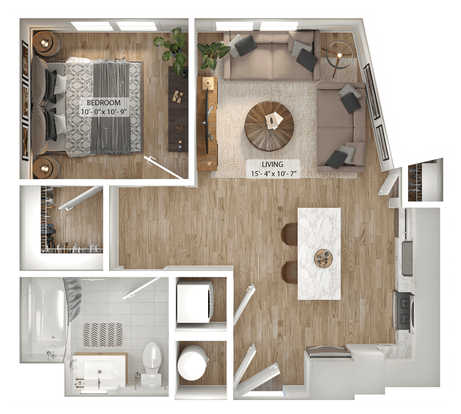 Rendering of the 1 Bed/1 Bath-A2 floor plan with 1 bedroom[s] and 1 bathroom[s] at Julius