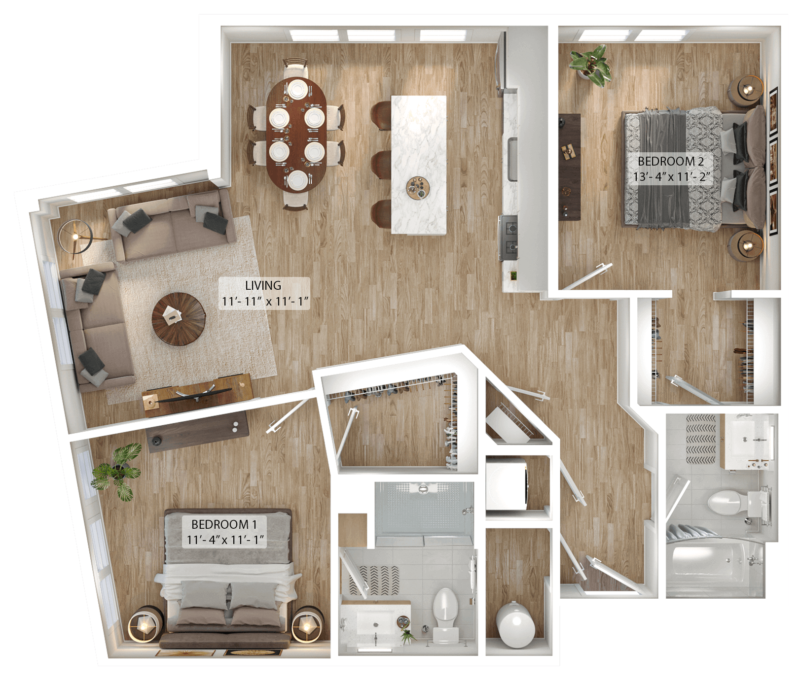 Rendering of the 2 Bed/2 Bath-B6 floor plan with 2 bedroom[s] and 2 bathroom[s] at Julius
