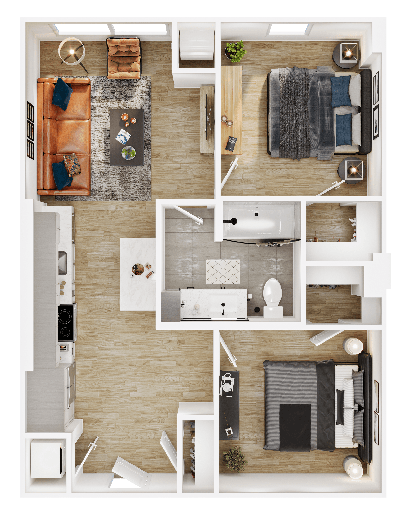 Rendering of the B2 floor plan with 2 bedroom[s] and 1 bathroom[s] at Vermeer