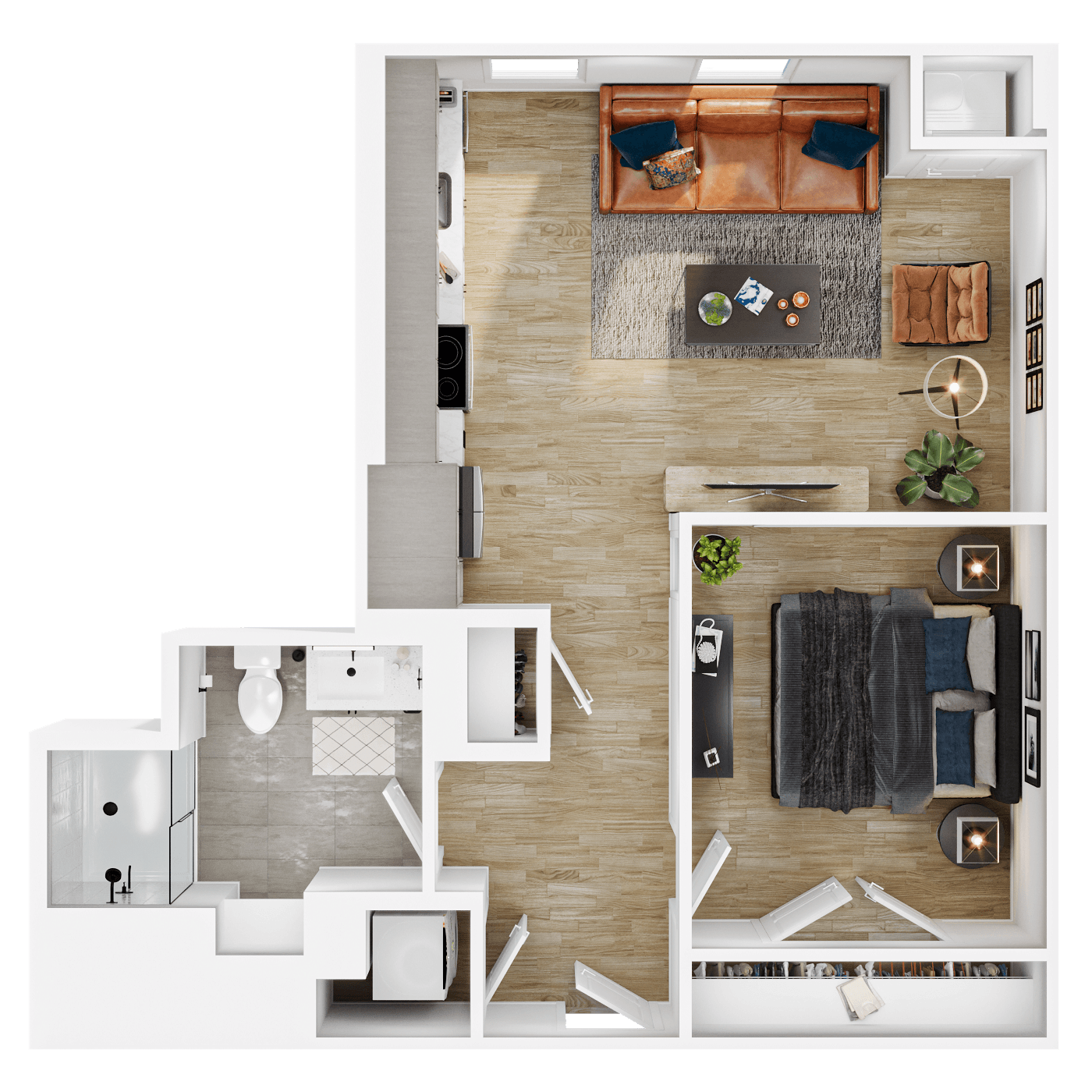 Rendering of the A8 floor plan with 1 bedroom[s] and 1 bathroom[s] at Vermeer