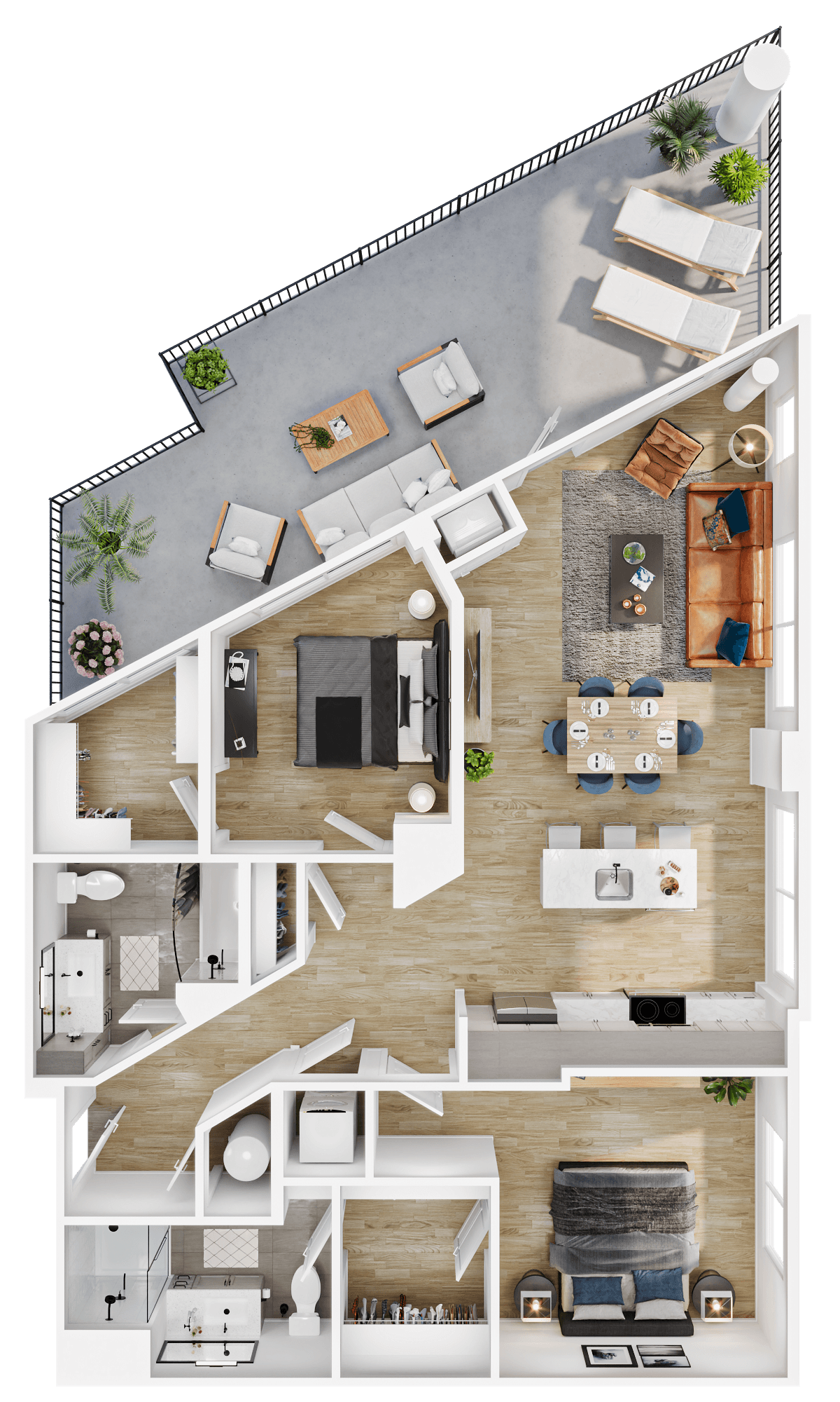 Rendering of the B16 floor plan with 2 bedroom[s] and 2 bathroom[s] at Vermeer