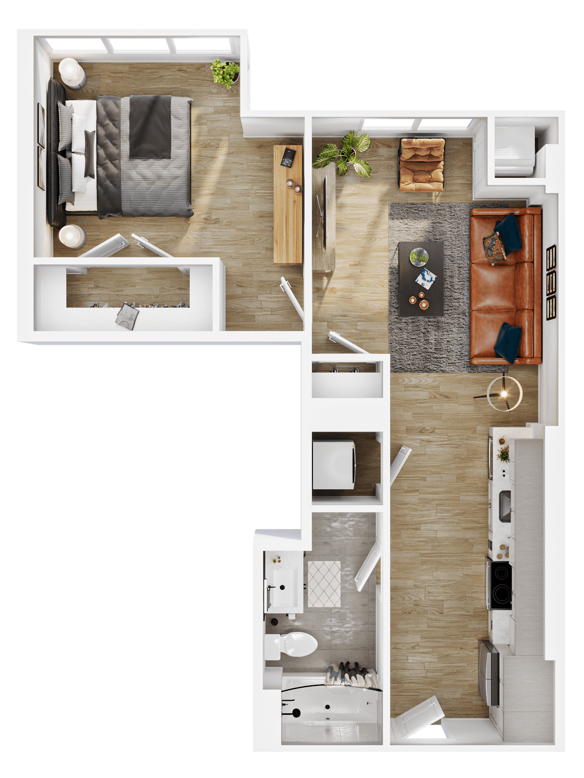 Rendering of the A7 floor plan with 1 bedroom[s] and 1 bathroom[s] at Vermeer