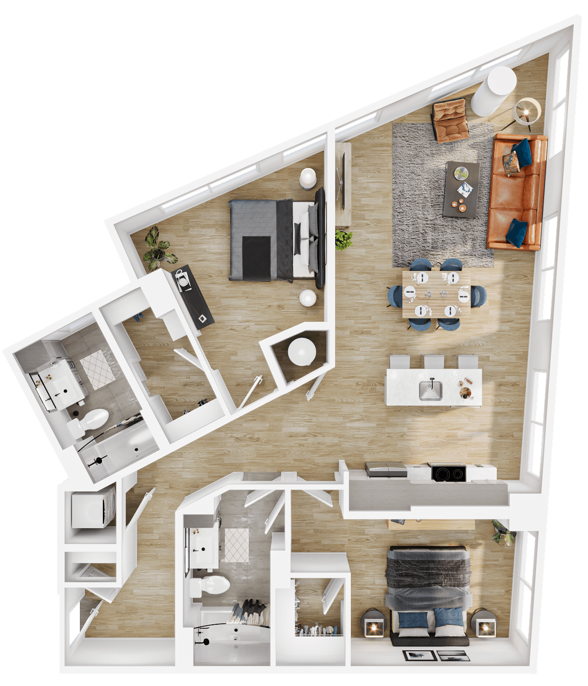 Rendering of the B20 floor plan with 2 bedroom[s] and 2 bathroom[s] at Vermeer