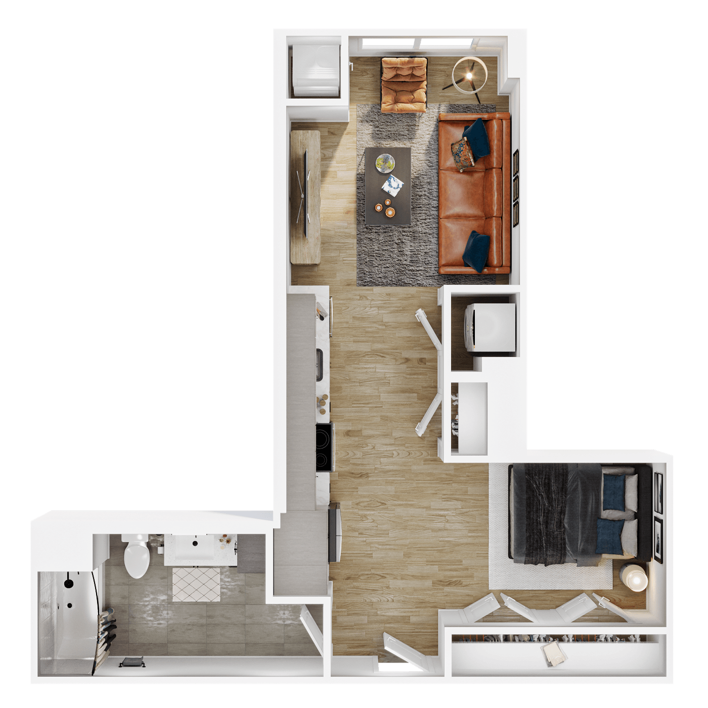 Rendering of the S4 floor plan with a Studio bedroom and 1 bathroom[s] at Vermeer