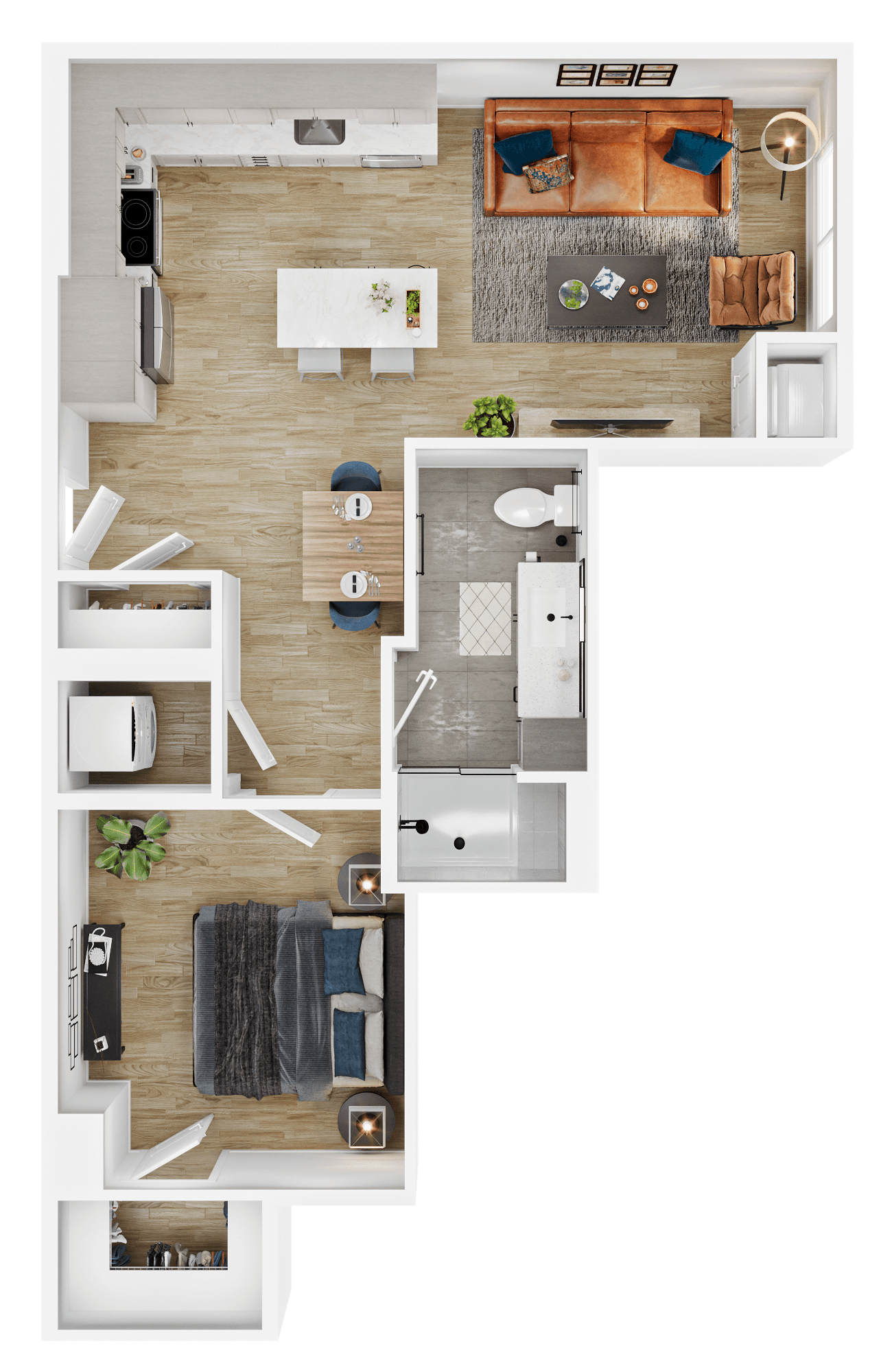 Rendering of the A22 floor plan with 1 bedroom[s] and 1 bathroom[s] at Vermeer
