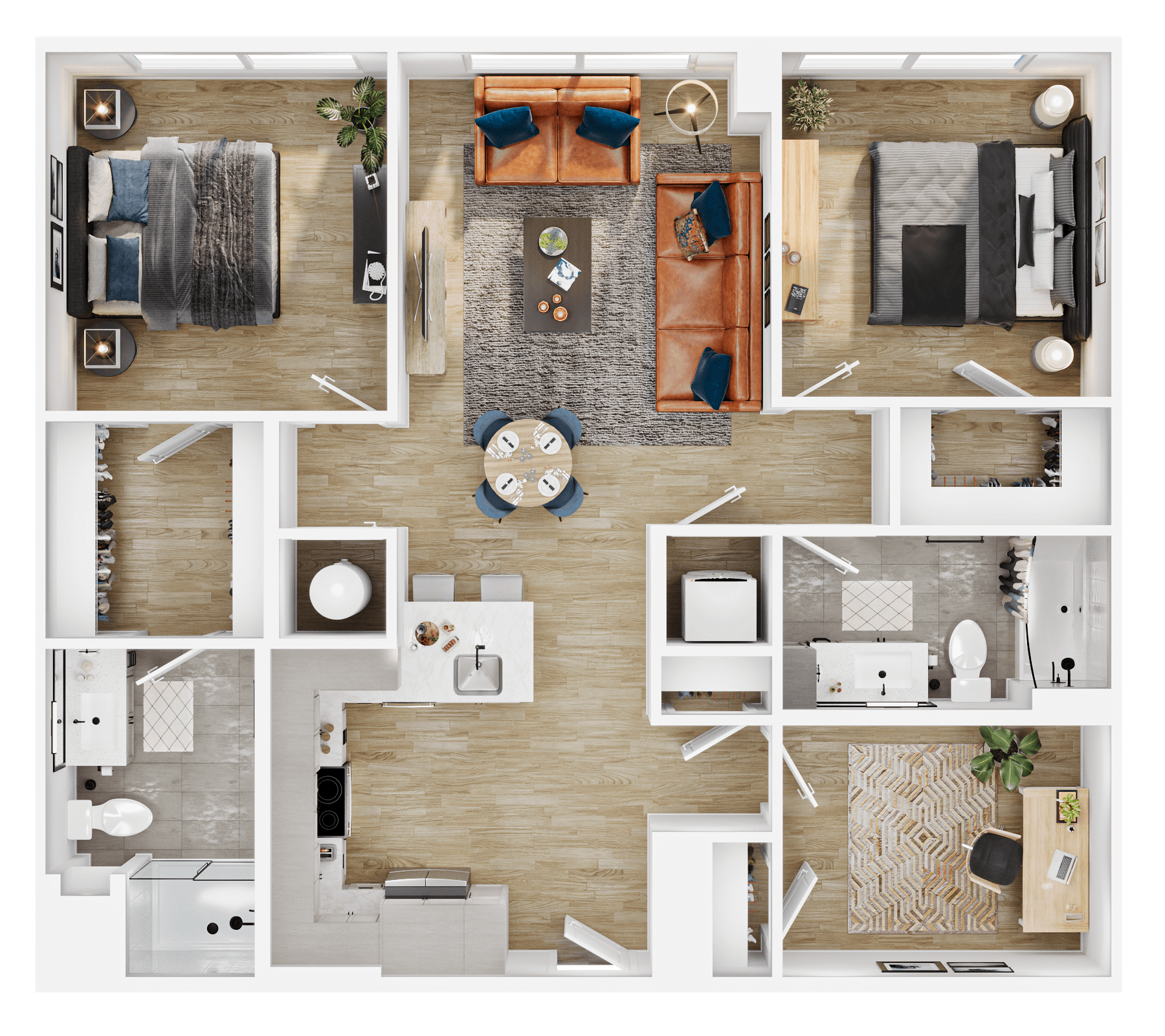 Rendering of the B1D floor plan with 2 bedroom[s] and 2 bathroom[s] at Vermeer