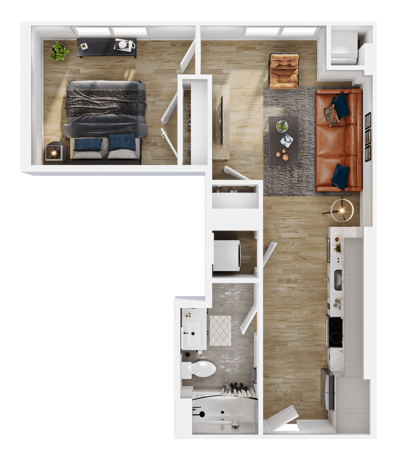 Rendering of the A1 floor plan with 1 bedroom[s] and 1 bathroom[s] at Vermeer