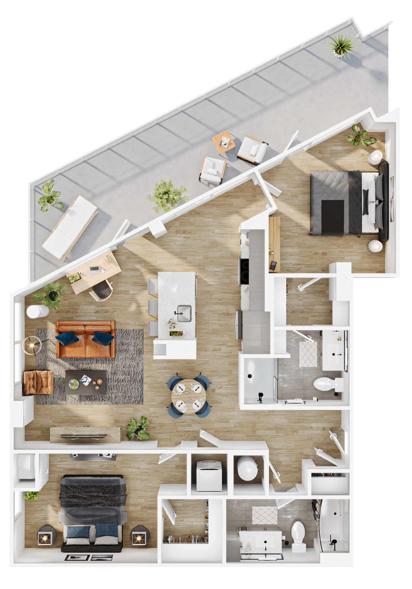 Rendering of the B14 floor plan with 2 bedroom[s] and 2 bathroom[s] at Vermeer