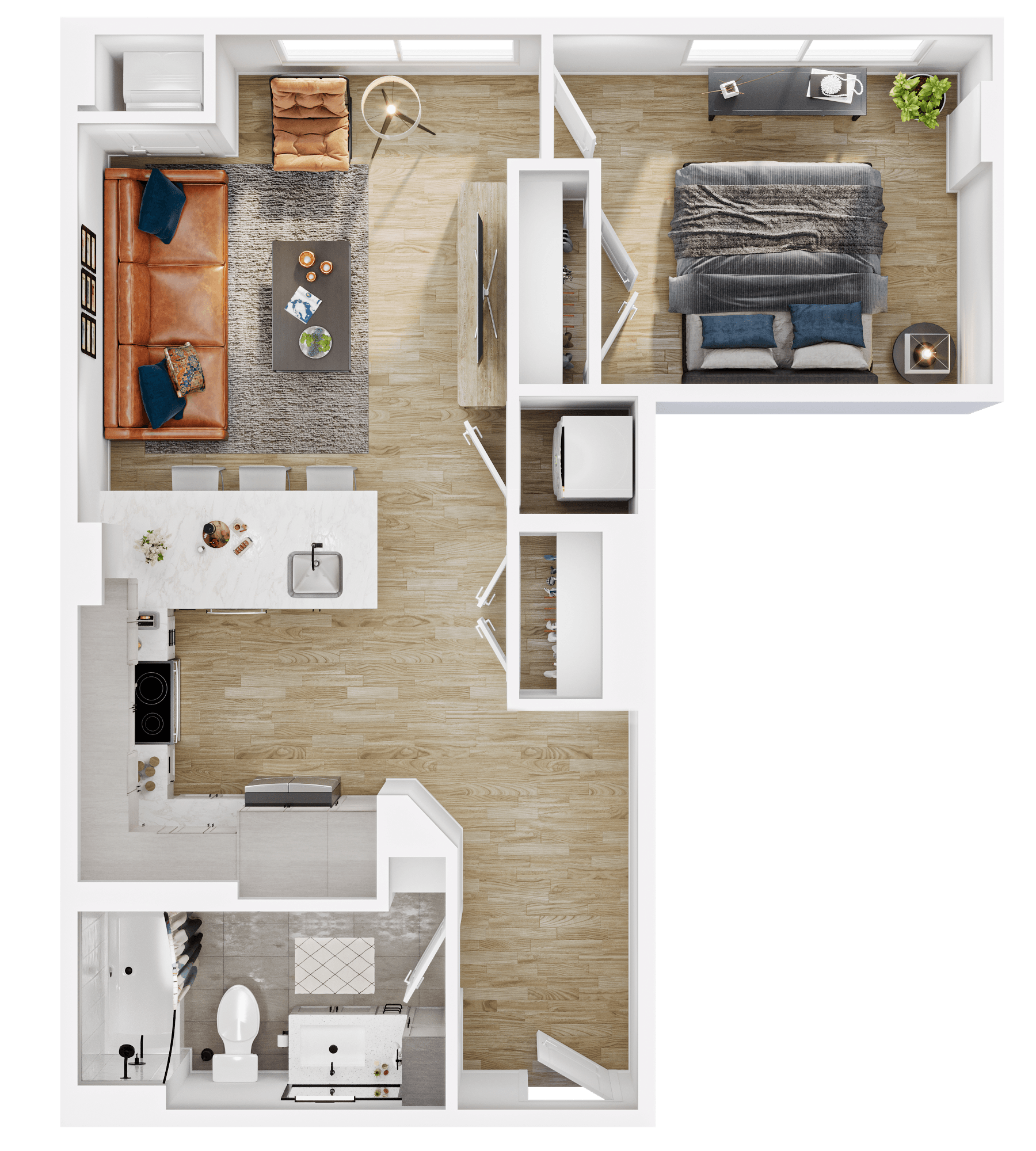 Rendering of the A9 floor plan with 1 bedroom[s] and 1 bathroom[s] at Vermeer