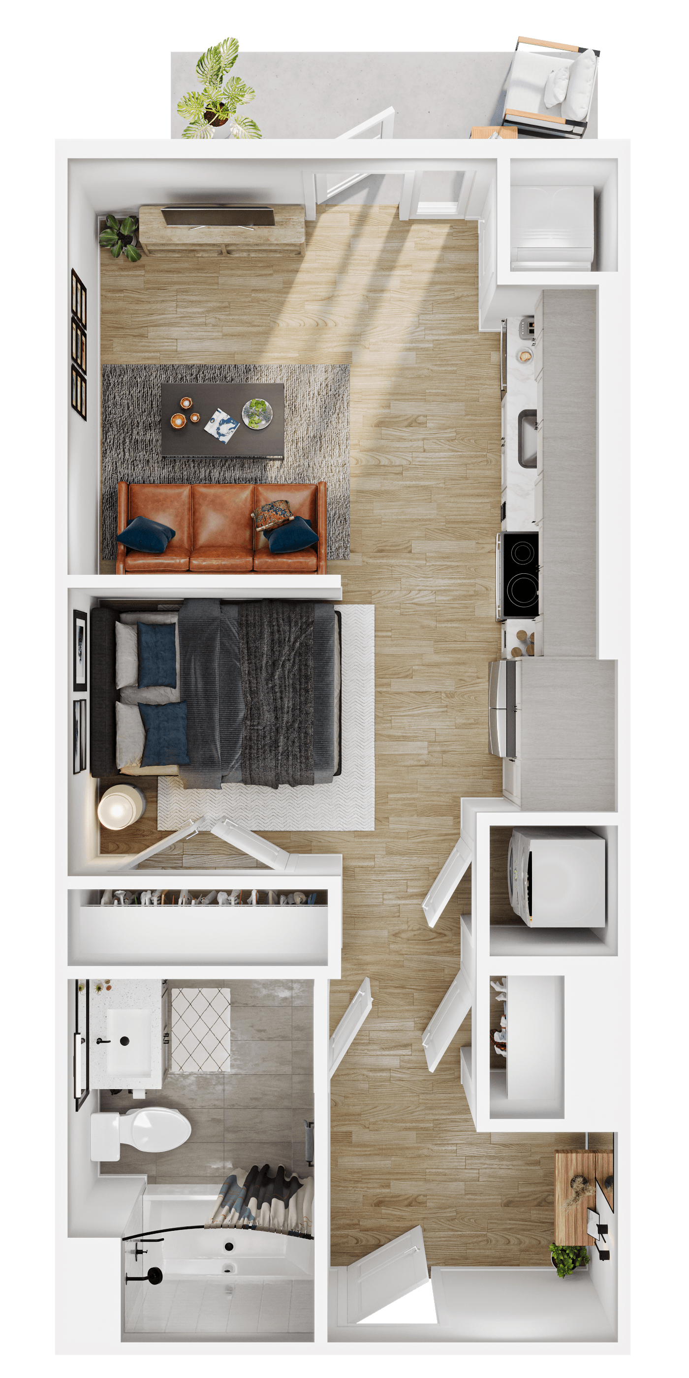 Rendering of the S2 floor plan with a Studio bedroom and 1 bathroom[s] at Vermeer