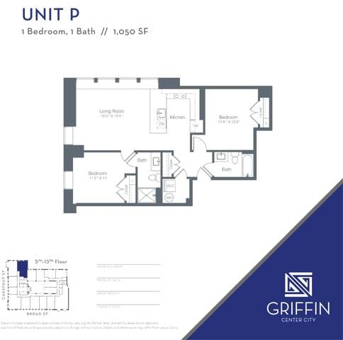 P  1 Bedroom 1 Bath/Den floor plan
