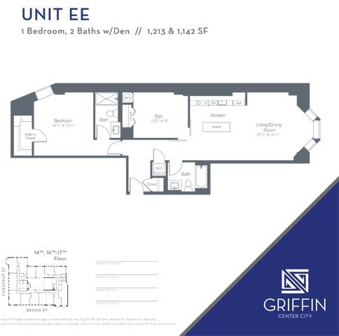 EE1 1 Bedroom 2 Bath/Den floor plan