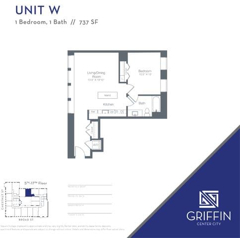 W 1 Bedroom 1 Bath floor plan