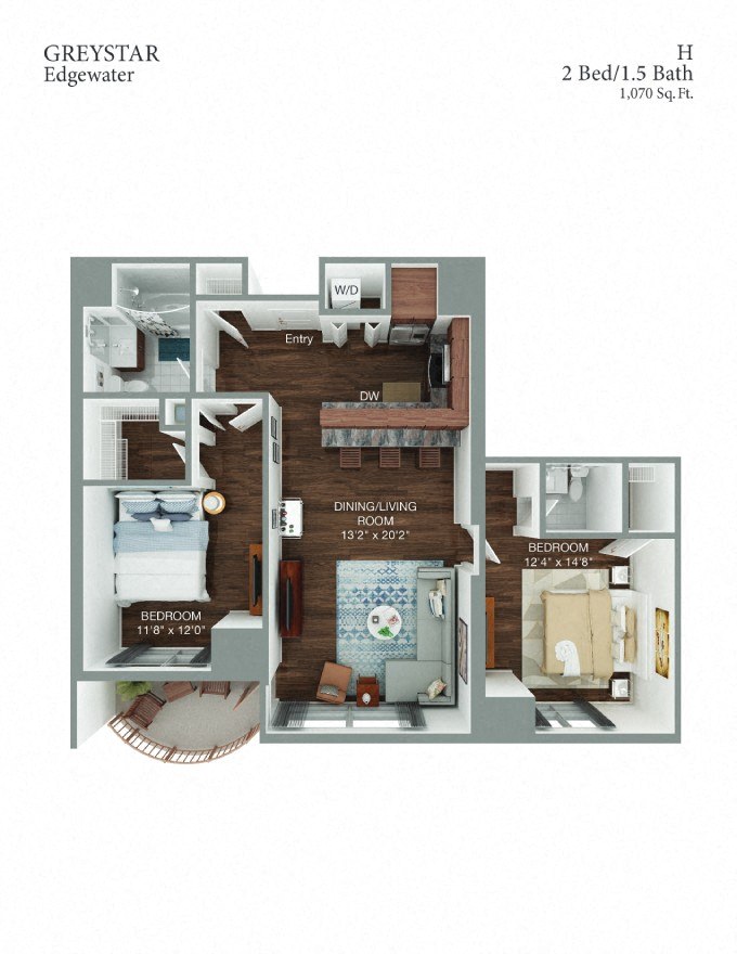 H 2Bed 1and 1half Bath floor plan
